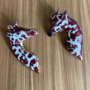 Vtg Giraffe Earrings Glazed Hand Painted